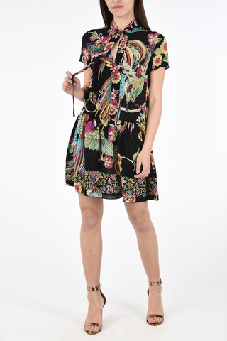 Silk Printed Short Sleeve Mini Dress with Bow