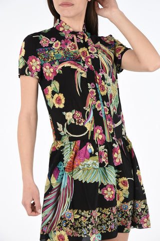 Silk Printed Short Sleeve Mini Dress with Bow