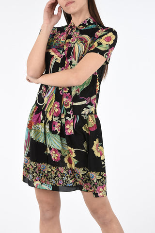 Silk Printed Short Sleeve Mini Dress with Bow