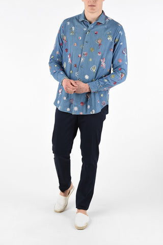 Camicia in Denim Con Ricamo Floreale 