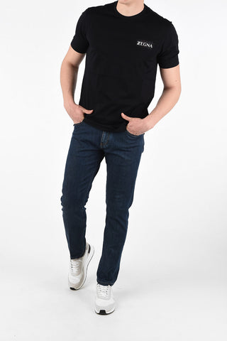 ZZEGNA Cotton Crew Neck T-Shirt with Print Details