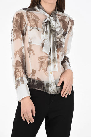 Blusa in Chiffon a Stampa Floreale con Bottoni a Pressione 