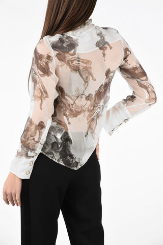 Blusa in Chiffon a Stampa Floreale con Bottoni a Pressione 