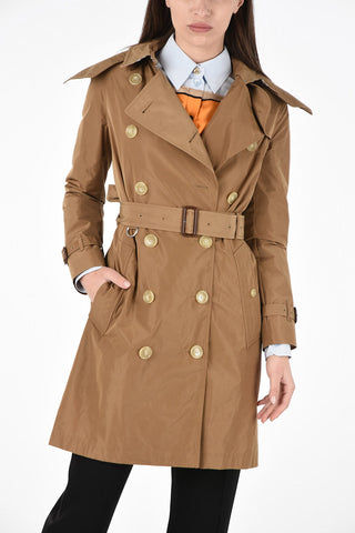 Fabric Double-Breasted Trench with Belt and Removable Hood