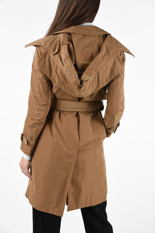 Fabric Double-Breasted Trench with Belt and Removable Hood