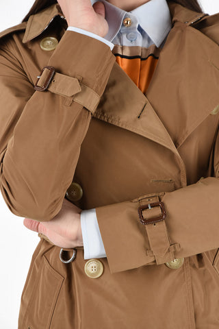 Fabric Double-Breasted Trench with Belt and Removable Hood