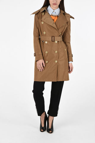 Fabric Double-Breasted Trench with Belt and Removable Hood