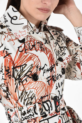 Cotton Printed Double-Breasted Trench with Belt