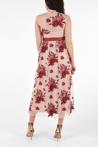 Floral Embroidered Long Sleeve Dress with Belt