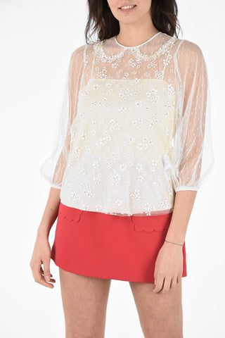 Floral Printed Tulle Blouse with Petticoat 