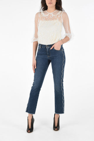 High Waist Slim Fit Jeans with Floral Trimmings