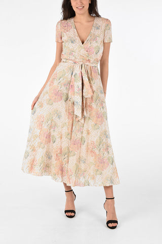 Floral Printed Dress with Lurex Details and Belt 
