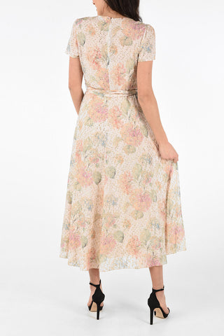Floral Printed Dress with Lurex Details and Belt 