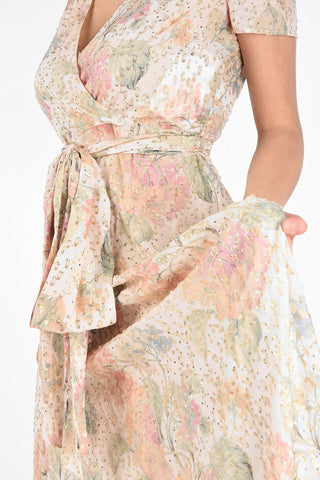 Floral Printed Dress with Lurex Details and Belt 