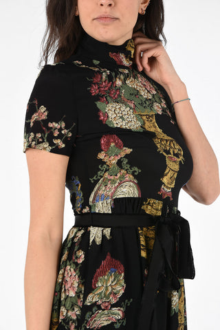 Silk Floral Printed Turtle Neck Dress