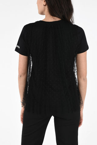 Cotton Crew-Neck T-Shirt with Tulle Application 