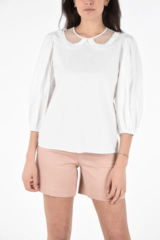 Stretch Cotton Blouse with Tulle Polka Dot Collar  