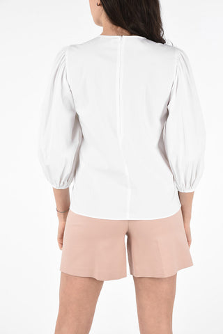 Stretch Cotton Blouse with Tulle Polka Dot Collar  