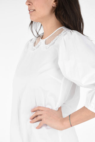 Stretch Cotton Blouse with Tulle Polka Dot Collar  