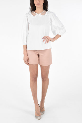 Stretch Cotton Blouse with Tulle Polka Dot Collar  