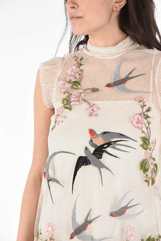 Tulle Embroidered Mini Dress with Peplo Hem and Inner Petticoat