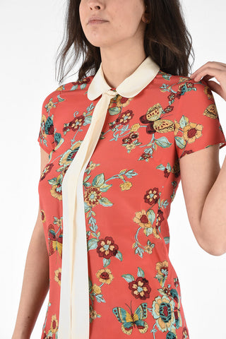 Floral Printed Silk Mini Dress with Bow Neck 