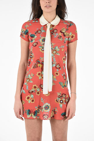Floral Printed Silk Mini Dress with Bow Neck 