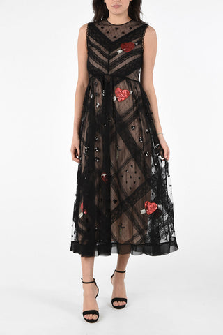 Vestito Smanicato in Tulle e Pizzo con Ricami Gioiello 