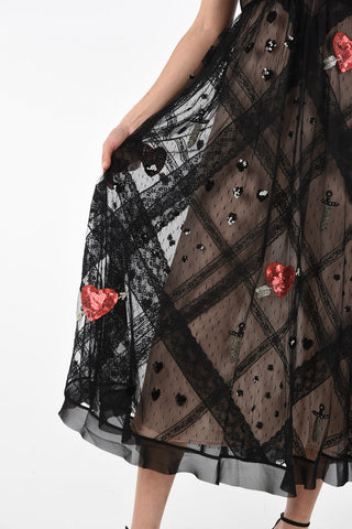 Vestito Smanicato in Tulle e Pizzo con Ricami Gioiello 