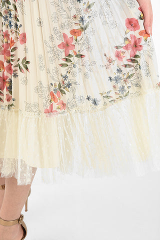 Floral Printed Accordion Skirt with Polka Dots Printed Tulle On the Bottom