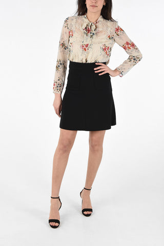 Fabric A-Line Skirt with Floral Patch Pockets 