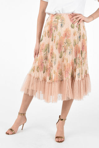 Floral Printed Accordion Skirt with Polka Dots Printed Tulle On the Bottom