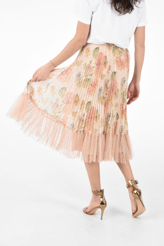 Floral Printed Accordion Skirt with Polka Dots Printed Tulle On the Bottom