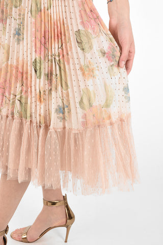 Floral Printed Accordion Skirt with Polka Dots Printed Tulle On the Bottom