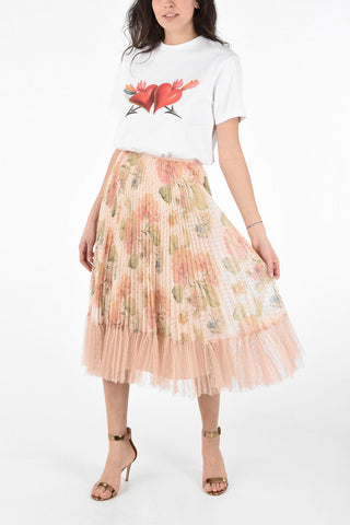 Floral Printed Accordion Skirt with Polka Dots Printed Tulle On the Bottom
