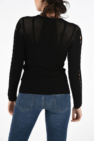 Cable Knit SOLID Sweater With Mesh Neckline
