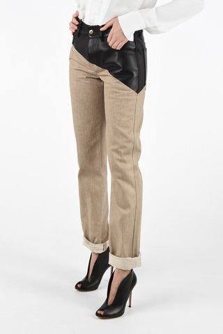 Straight Fit 5-Pocket Jeans with Diagonal Leather Detail