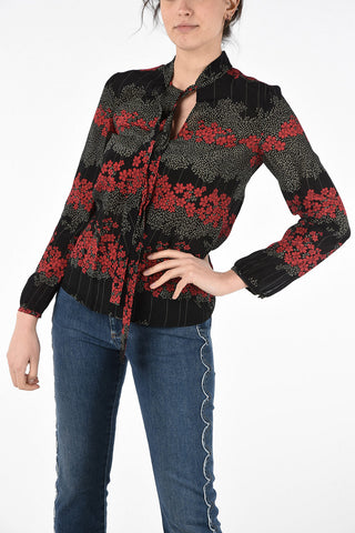 Silk Floral Print Blouse with Bow