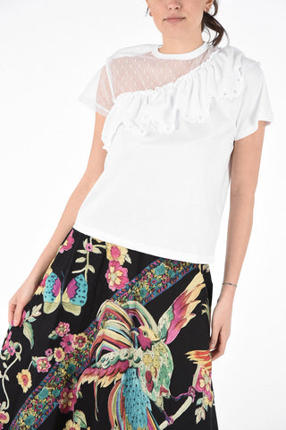 Cotton Crew-Neck T-Shirt with Tulle Sleeve Detail