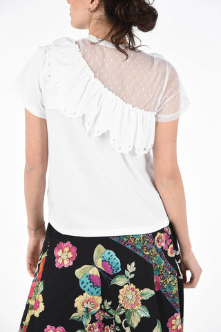 Cotton Crew-Neck T-Shirt with Tulle Sleeve Detail