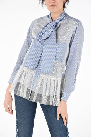 Pencil Striped Tie Neck Shirt with Tulle Application 