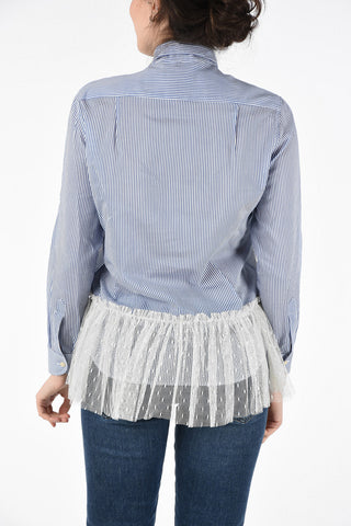 Pencil Striped Tie Neck Shirt with Tulle Application 