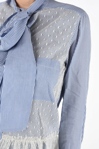 Pencil Striped Tie Neck Shirt with Tulle Application 