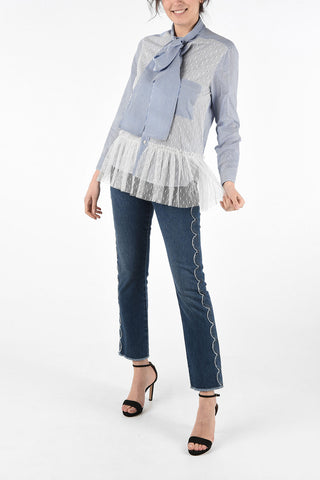 Pencil Striped Tie Neck Shirt with Tulle Application 
