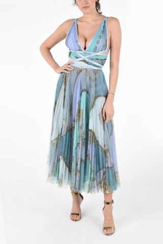 Monogram Tulle Sleeveless Pleated Dress