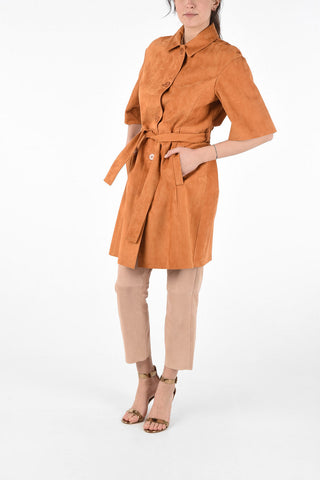 Suede Leather Belted Coat