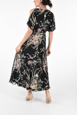 Floral Silk Cut Out Shoulder Maxi Dress