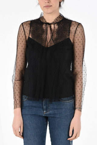 Polka Dot Tulle Blouse with Lace Detail