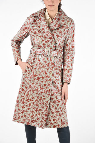 Floral Printed Leather Double Breasted Trench with Belt