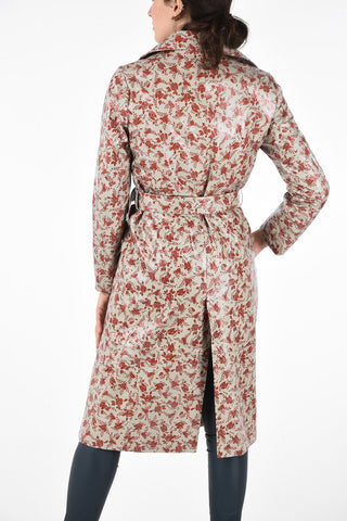 Floral Printed Leather Double Breasted Trench with Belt